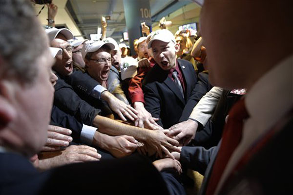 Rep. Ron Paul, R-Texas, supporters from Maine gather on the hall way during the Republican National Convention in Tampa, Fla., on Tuesday, Aug. 28, 2012. (AP Photo/David Goldman)