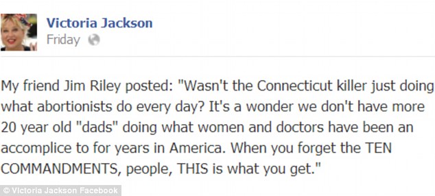 Comedian turned political commentator Victoria Jackson has caused outrage by apparently comparing the tragedy at Sandy Hook Elementary School with abortion 