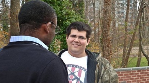 Twenty-one-year-old student Matthew Heimbach (R) hands out leaflets against the construction of a mosque on the campus of Towson University, near Baltimore. Photo via AFP. Twenty-one-year-old student Matthew Heimbach (R) hands out leaflets against the construction of a mosque on the campus of Towson University, near Baltimore. Photo via AFP.