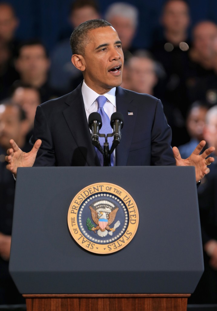 DENVER, CO - U.S. President Barack Obama addresses gun control issues during a speech at the Denver Police Academy on April 3, 2013 in Denver, Colorado. Obama commended Colorado's newly passed gun control laws. (Photo by Doug Pensinger/Getty Images)
